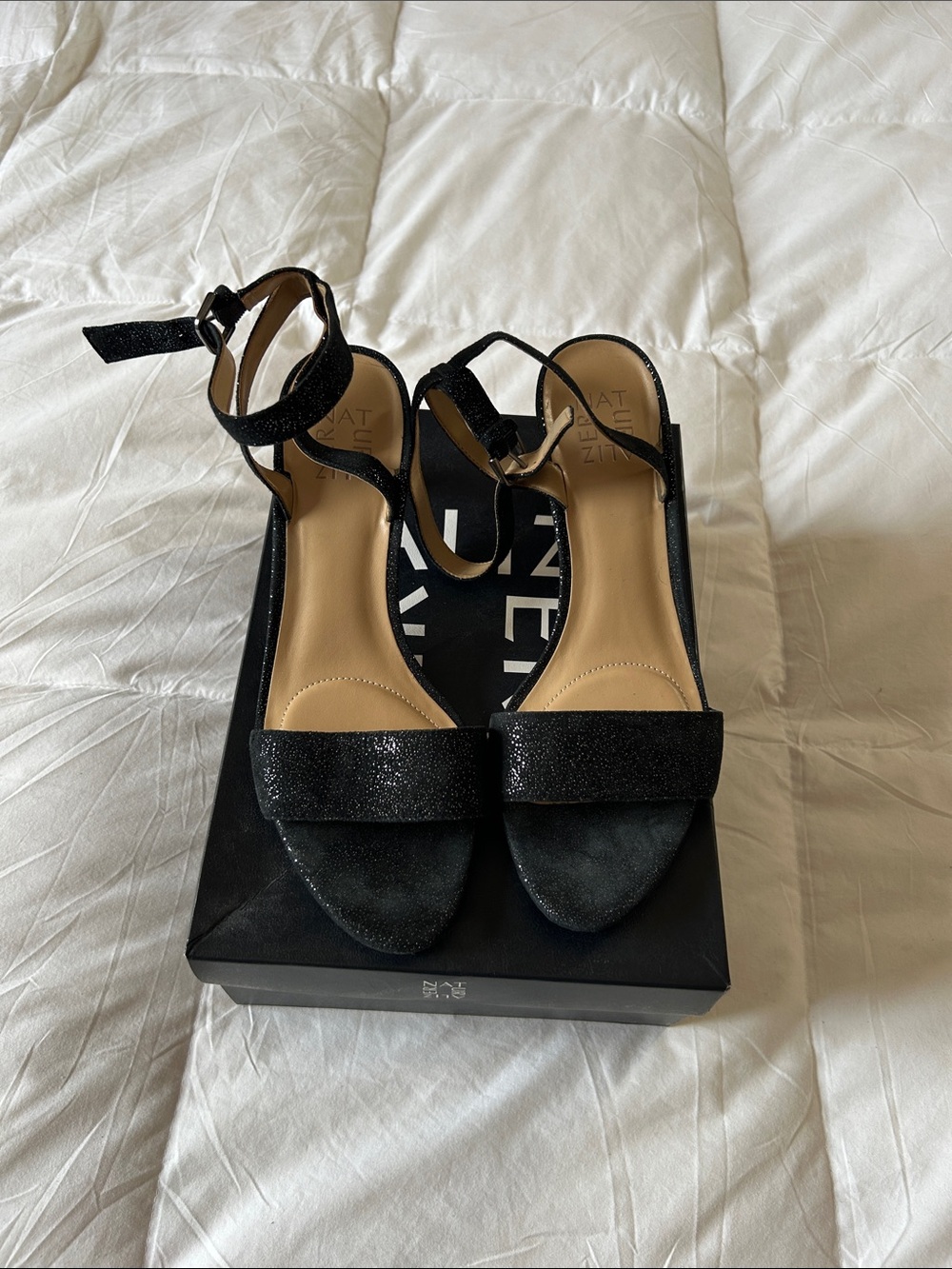 Naturalizer Black Glitter Ankle-Strap Heels